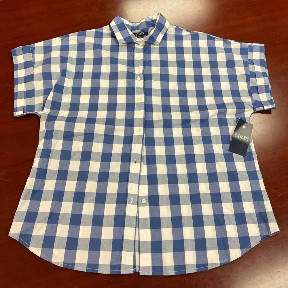 Chaps Womans Blue & White Gingham Short Sleeve Button Down Shirt Sz Xl Nwt